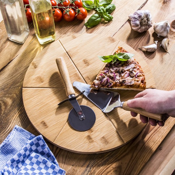 Dřevěná deska na pizzu s lopatkou a nožem SALAME 33 cm