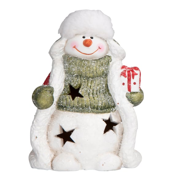 Keramická vánoční figurka s LED osvětlením SNĚHULÁK S DÁRKEM 15 cm