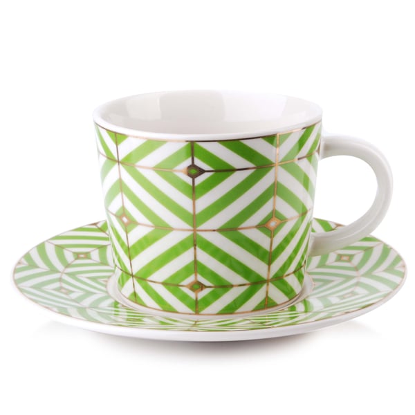 Porcelánový šálek na kávu a čaj s podšálkem AFFEK DESIGN ZOE GREEN bílý 350 ml