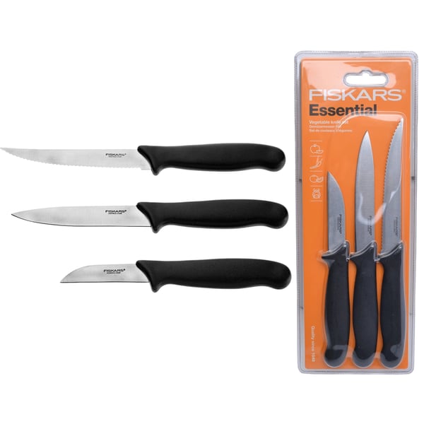 FISKARS Essential Verduras černá 3 ks - sada kuchyňských nožů z nerezové oceli