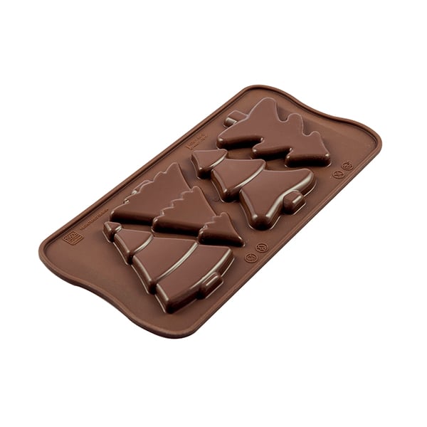 Silikonová forma na 4 čokoládky nebo želé bonbony SILIKOMART EASY CHOC VÁNOČNÍ STROMY HNĚDÁ