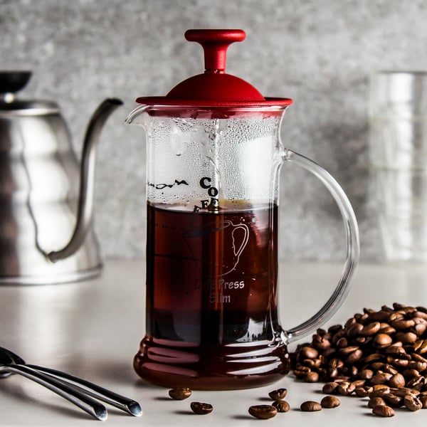 French press - skleněná konvice na čaj a kávu HARIO CAFE PRESS SLIM RED 0,2 l