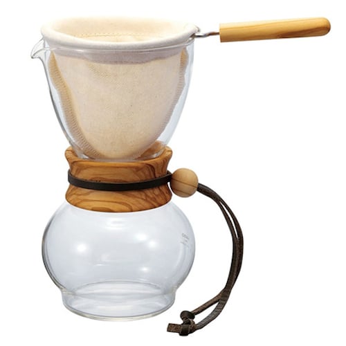 HARIO Woodneck Drip Pot Olive Wood 0,48 l – skleněný dripper/kávovar s filtrem
