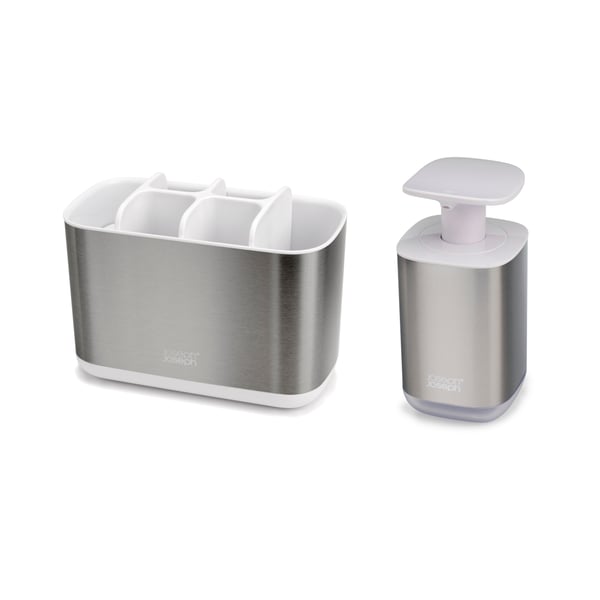 JOSEPH JOSEPH Easy Store Steel L stříbrný - plastový kelímek na kartáčky do koupelny + dávkovač mýdla