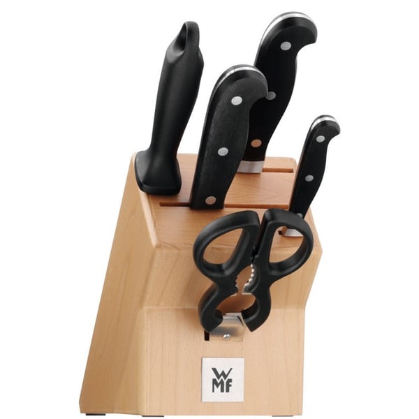 WMF Spitzenklasse Plus Edition 6 ks - sada kuchyňských nožů z nerezové oceli v bloku s brousek a nůžky