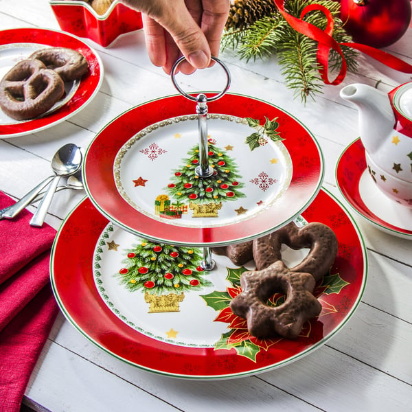Porcelánový stojan na dort, cukroví a ovoce MERRY CHRISTMAS SANTA červený