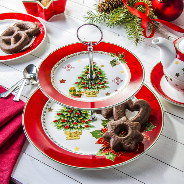 Porcelánový stojan na dort, cukroví a ovoce MERRY CHRISTMAS SANTA červený
