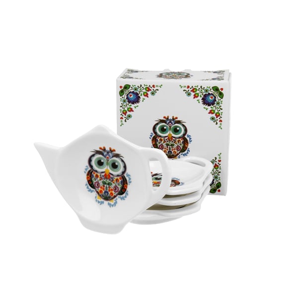 Porcelánové odkládací misky na čajové sáčky DUO ETNO SOVA 4 ks