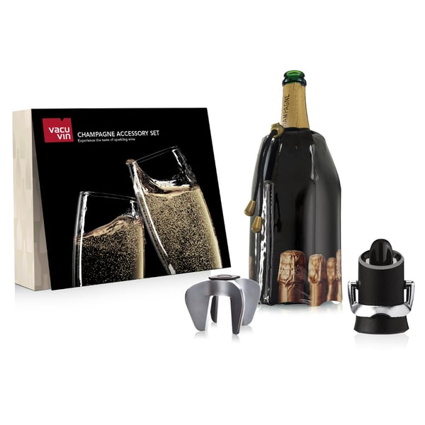 VACU VIN Champagne Set 3 díly černá – plastová zátka na šampaňské s příslušenstvím