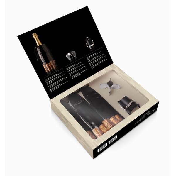 VACU VIN Champagne Set 3 díly černá – plastová zátka na šampaňské s příslušenstvím