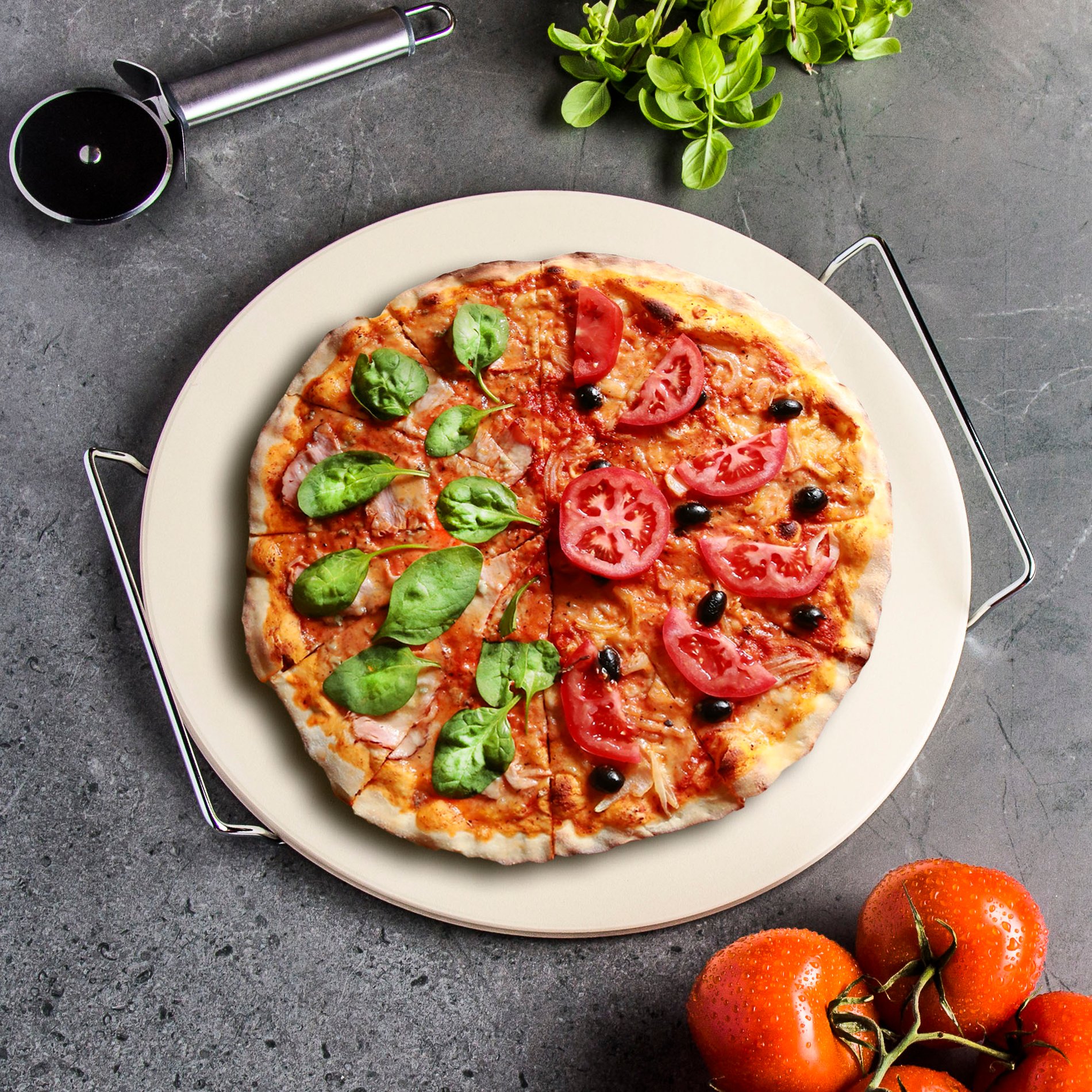 Kuchenprofi Pizza 30 cm béžový - kordieritový kámen na pizzu se stojanem