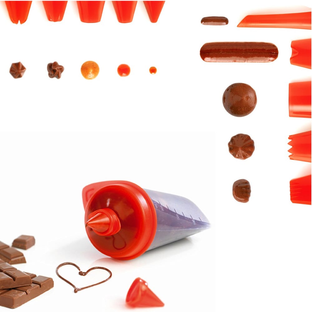 MASTRAD Sweet červená – silikonová, cukrářská zdobička/stříkačka na koláče/dorty s 10 koncovkami