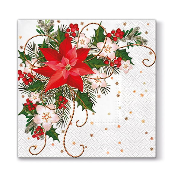 Dekorativní, vánoční papírové ubrousky PAW POINSETTIA COMPOSITION bílé 20 ks