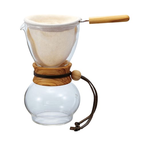 HARIO Woodneck Drip Pot Olive Wood 0,24 l – skleněný dripper/kávovar s filtrem